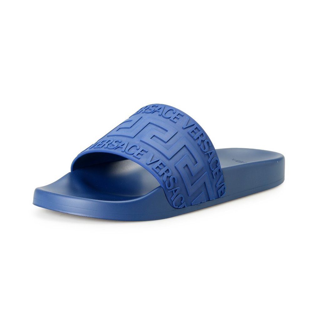 Versace Men's Navy Blue "Greca" Print Embossed Pool Slide Flip Flops Shoes